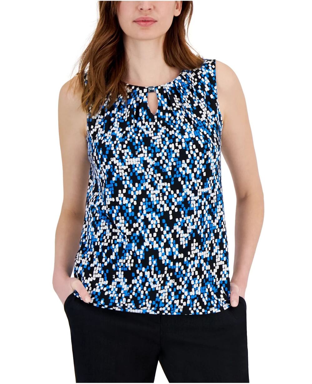 Kasper Women's Sleeveless Keyhole Tank Top in Blue Black White Dot Print